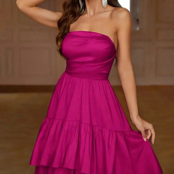 Hot Pink Party Women's Pleated Strapless Sleeve Evening Dress - Picture 7 of 7